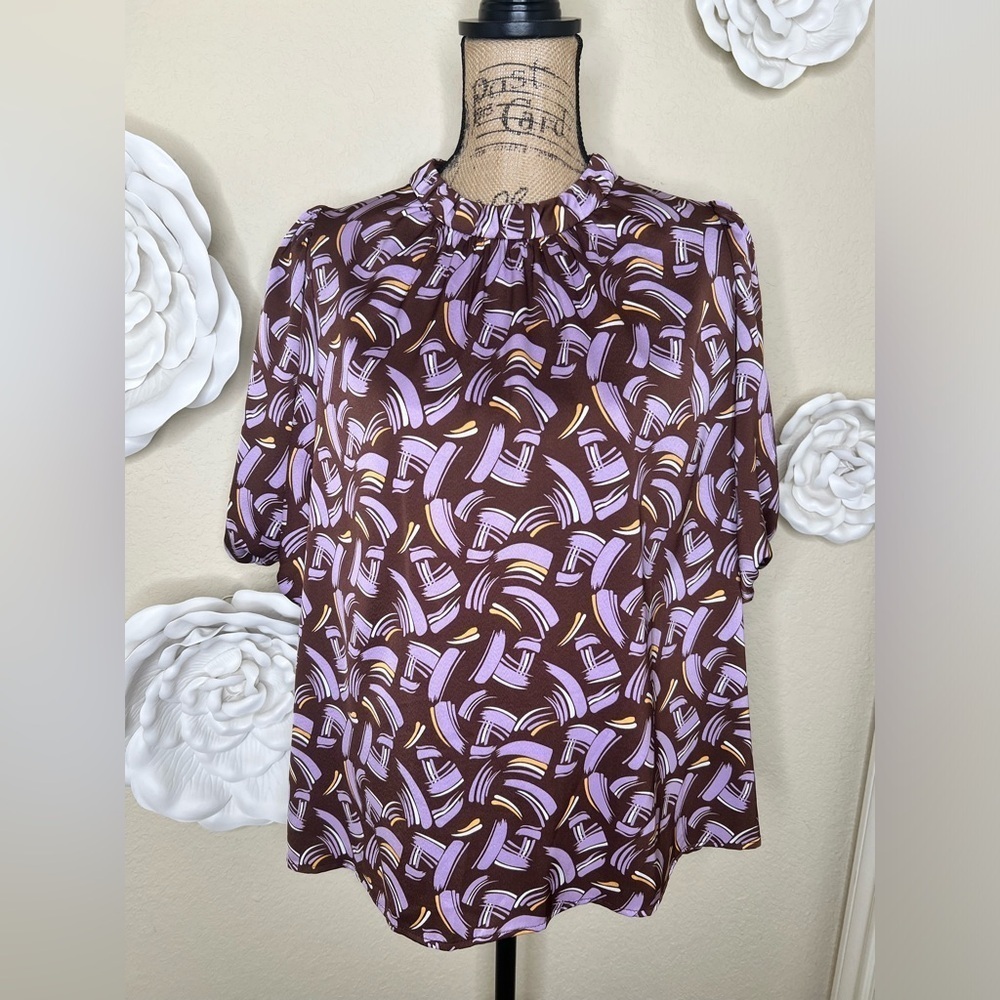 Jade Melody Tam Pleated Puff Balloon Sleeves Brown & Purple Blouse Sz XL